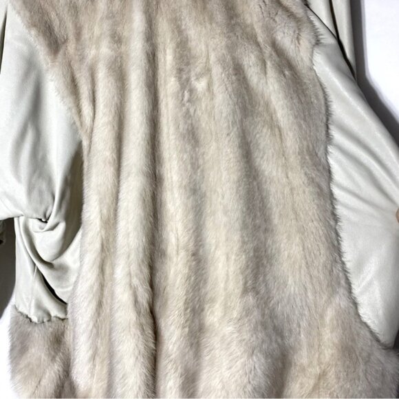 Vintage Oversized Beige Leather Tan Fur zip Front Jacket Coat XXL - Picture 16 of 16
